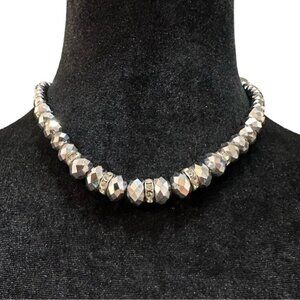 Faceted Silver-Tone Beaded Necklace With Rhinestone Accents